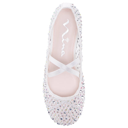 Girls Hadley White Rhinestone Mesh Ballet Flats | Nina Shoes