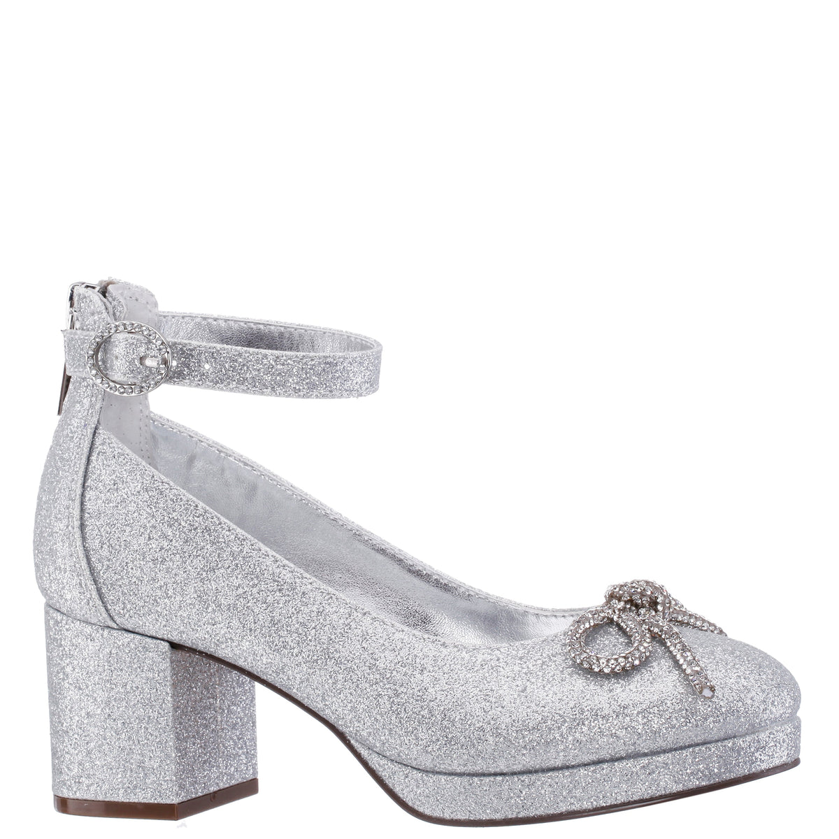 Girls Daylin Silver Glitter Ankle Strap Dress Shoes | Nina Shoes