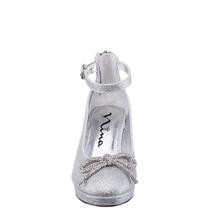 Girls Daylin Silver Glitter Ankle Strap Dress Shoes | Nina Shoes