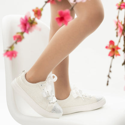 Girls Monika White Glitter Lace Tie Sneakers | Nina Shoes
