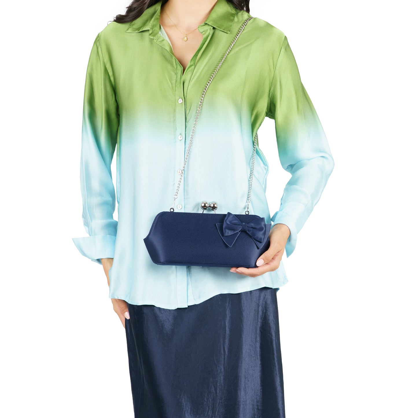 Kenji-K Blue Satin Frame Clutch | Nina Shoes