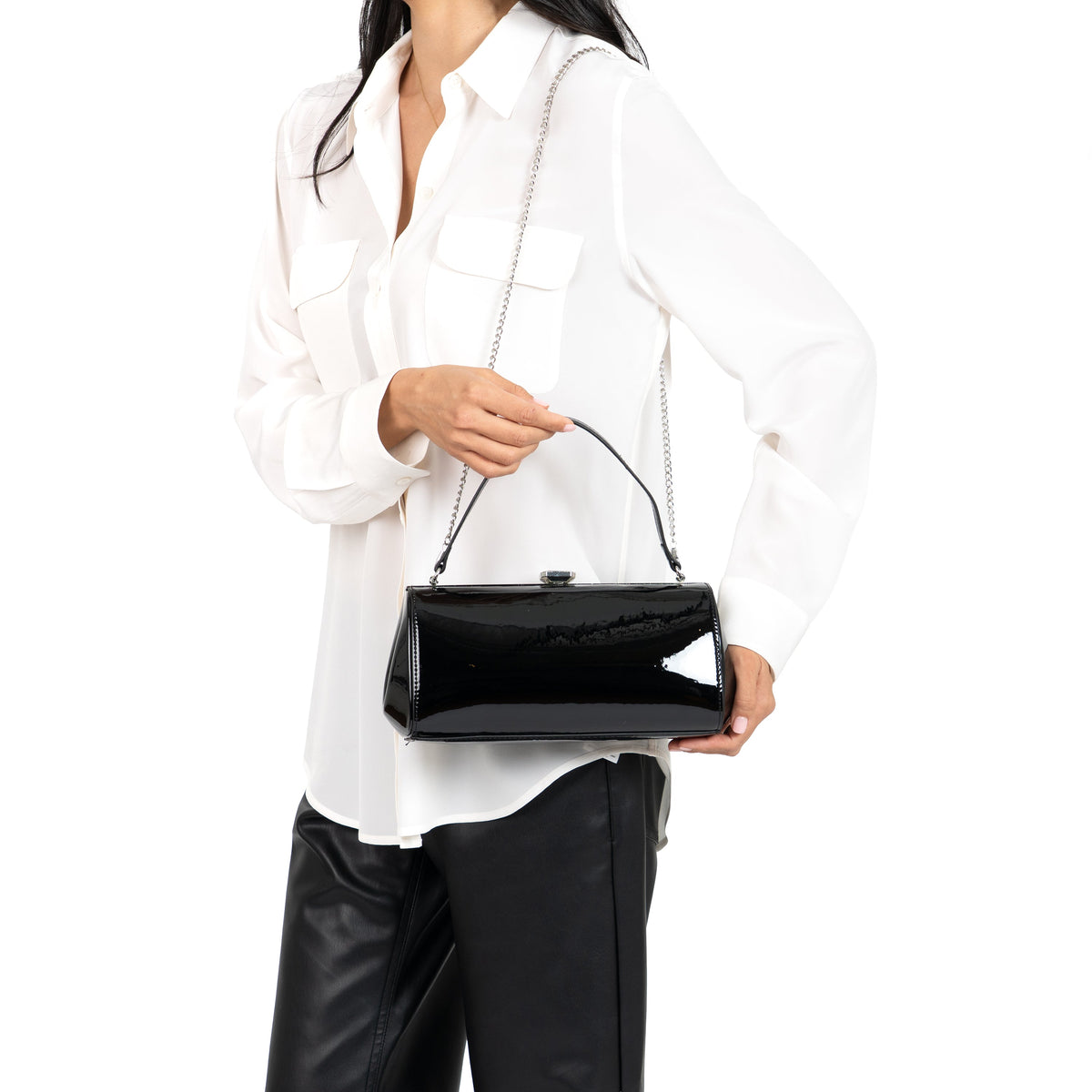 Delsie Black Patene Pu Frame Clutch | Nina Shoes