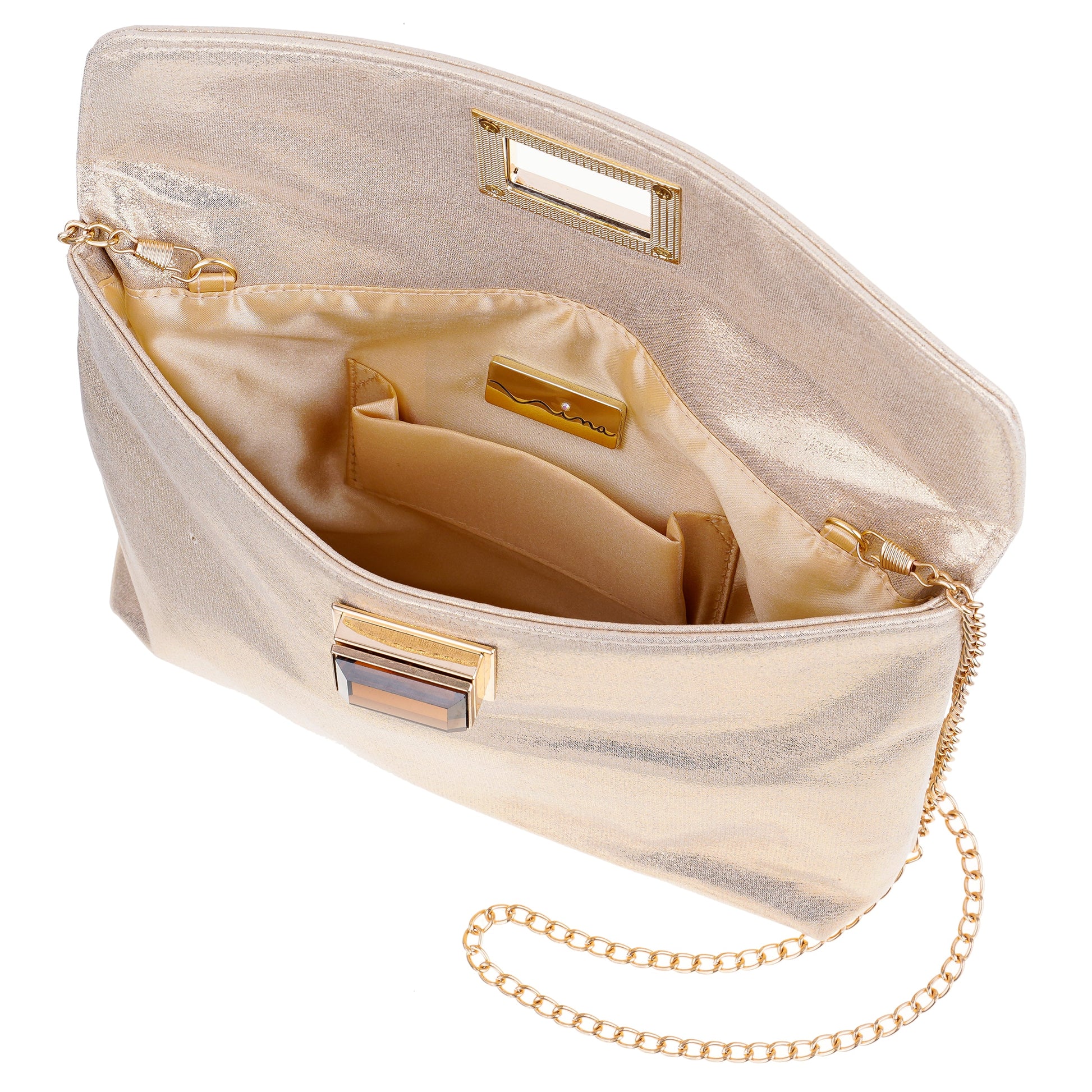 Grayson Gold Reflective Suedette Foldover Clutch | Nina Shoes