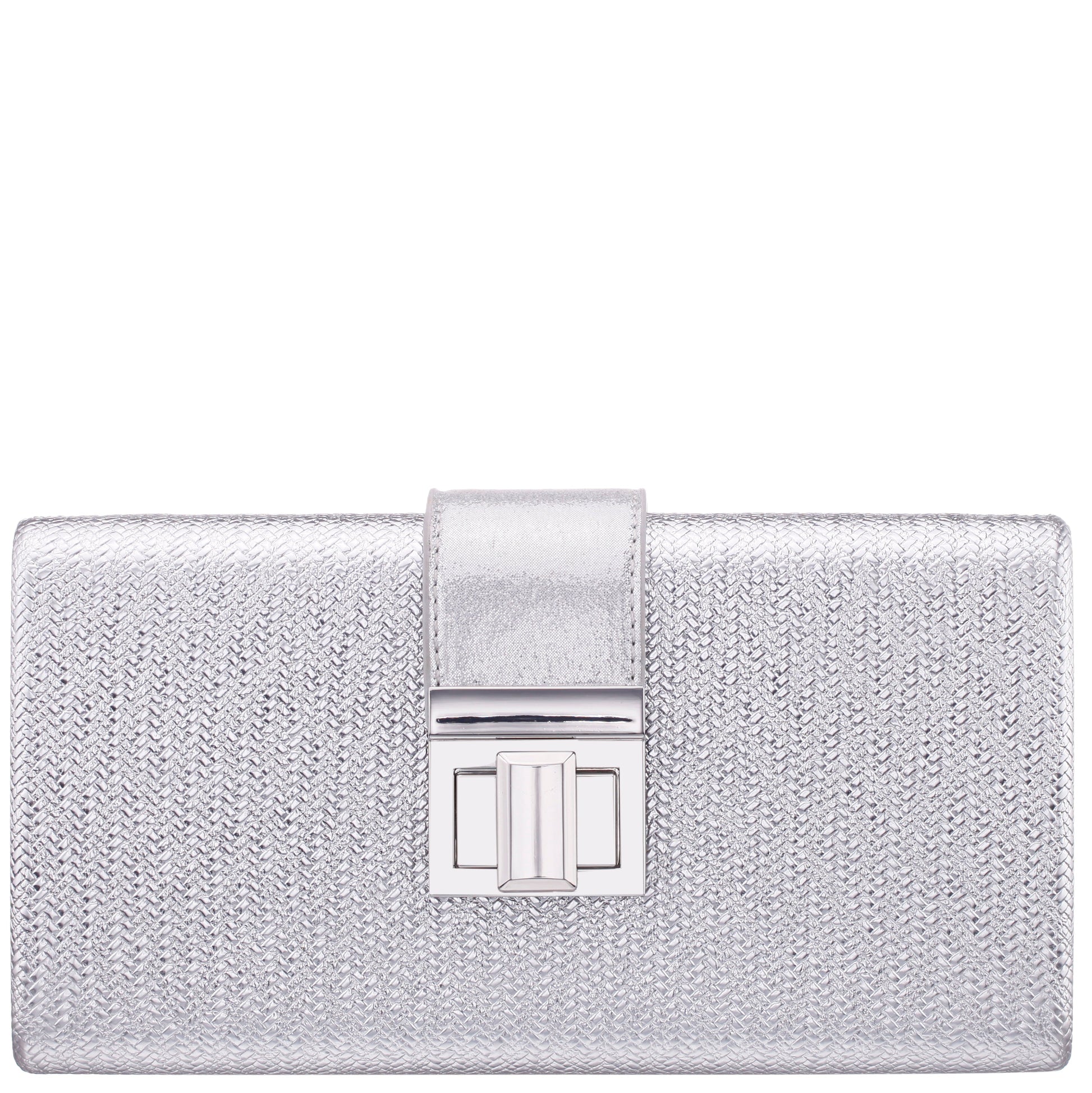 Presly Antique Silver Embossed Woven PU / Reflective Suedette Minaudiere | Nina Shoes