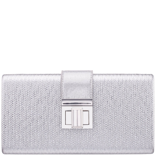 Presly Antique Silver Embossed Woven PU / Reflective Suedette Minaudiere | Nina Shoes
