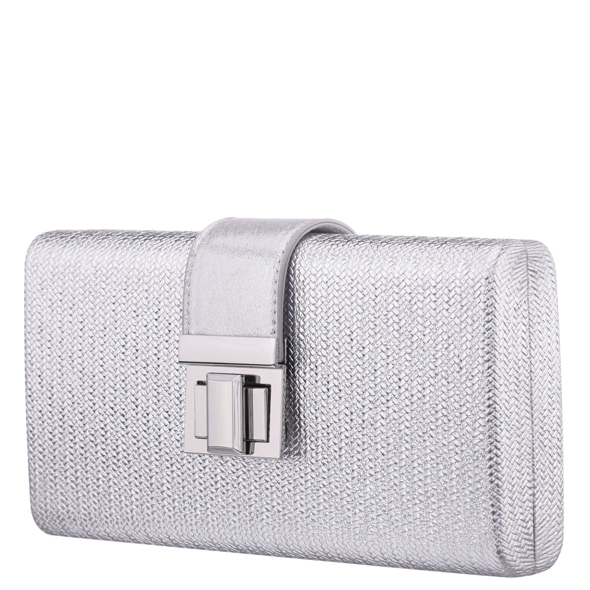 Presly Antique Silver Embossed Woven PU / Reflective Suedette Minaudiere | Nina Shoes