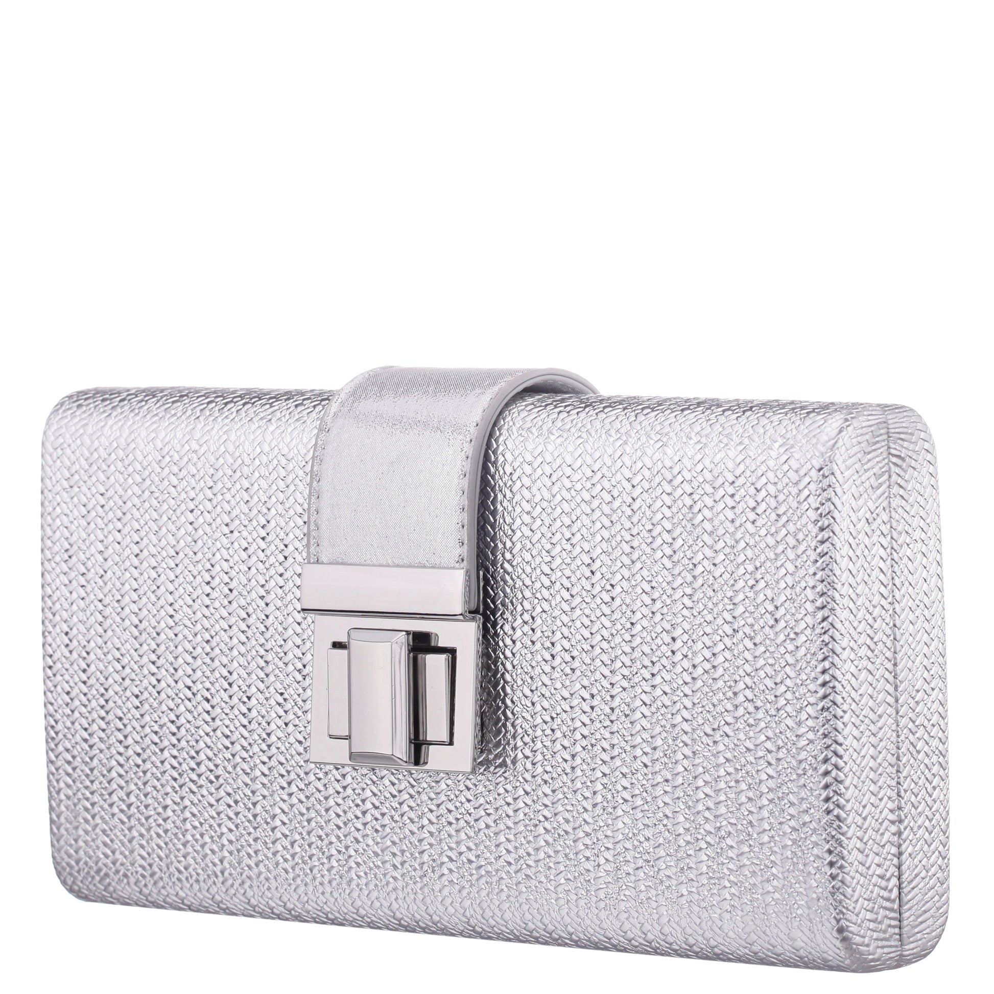 Presly Antique Silver Embossed Woven PU / Reflective Suedette Minaudiere | Nina Shoes