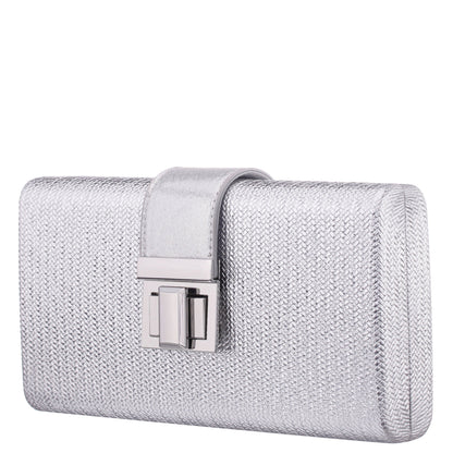 Presly Antique Silver Embossed Woven PU / Reflective Suedette Minaudiere | Nina Shoes