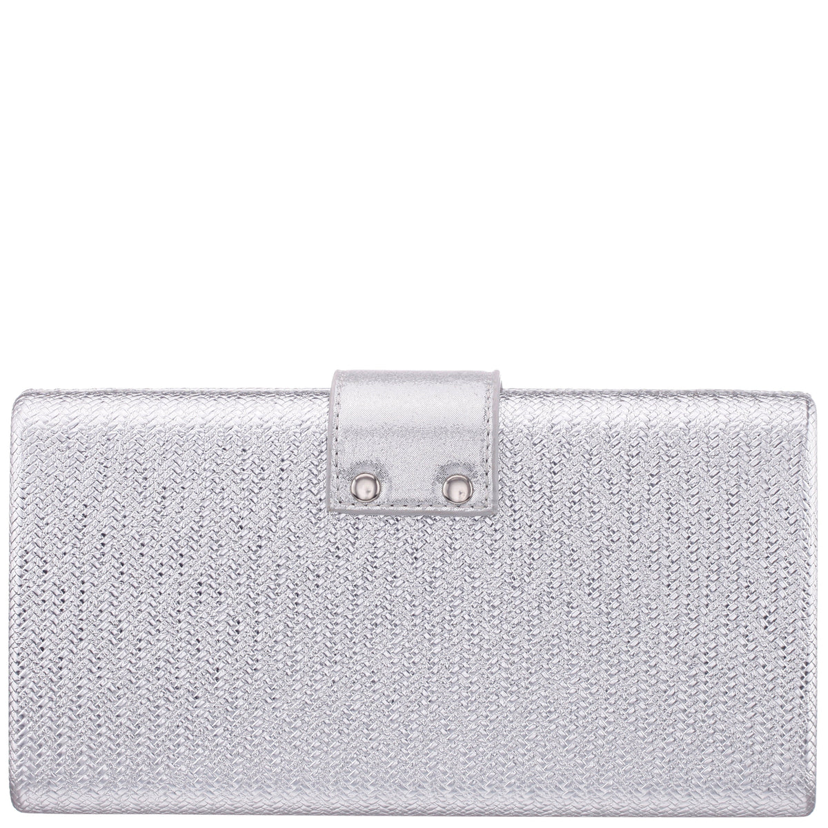 Presly Antique Silver Embossed Woven PU / Reflective Suedette Minaudiere | Nina Shoes
