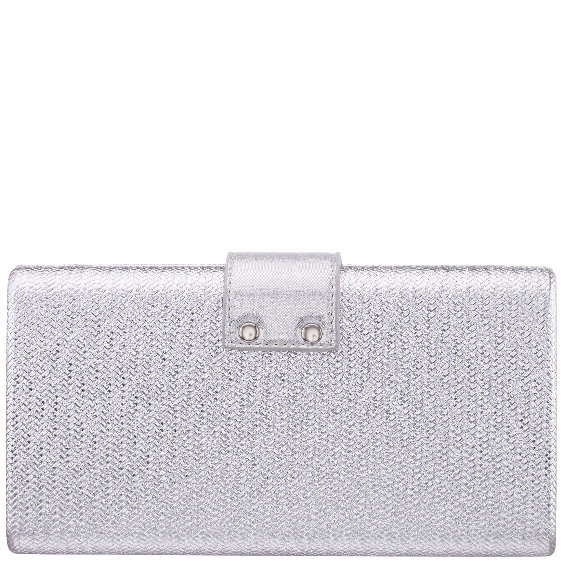 Presly Antique Silver Embossed Woven PU / Reflective Suedette Minaudiere | Nina Shoes