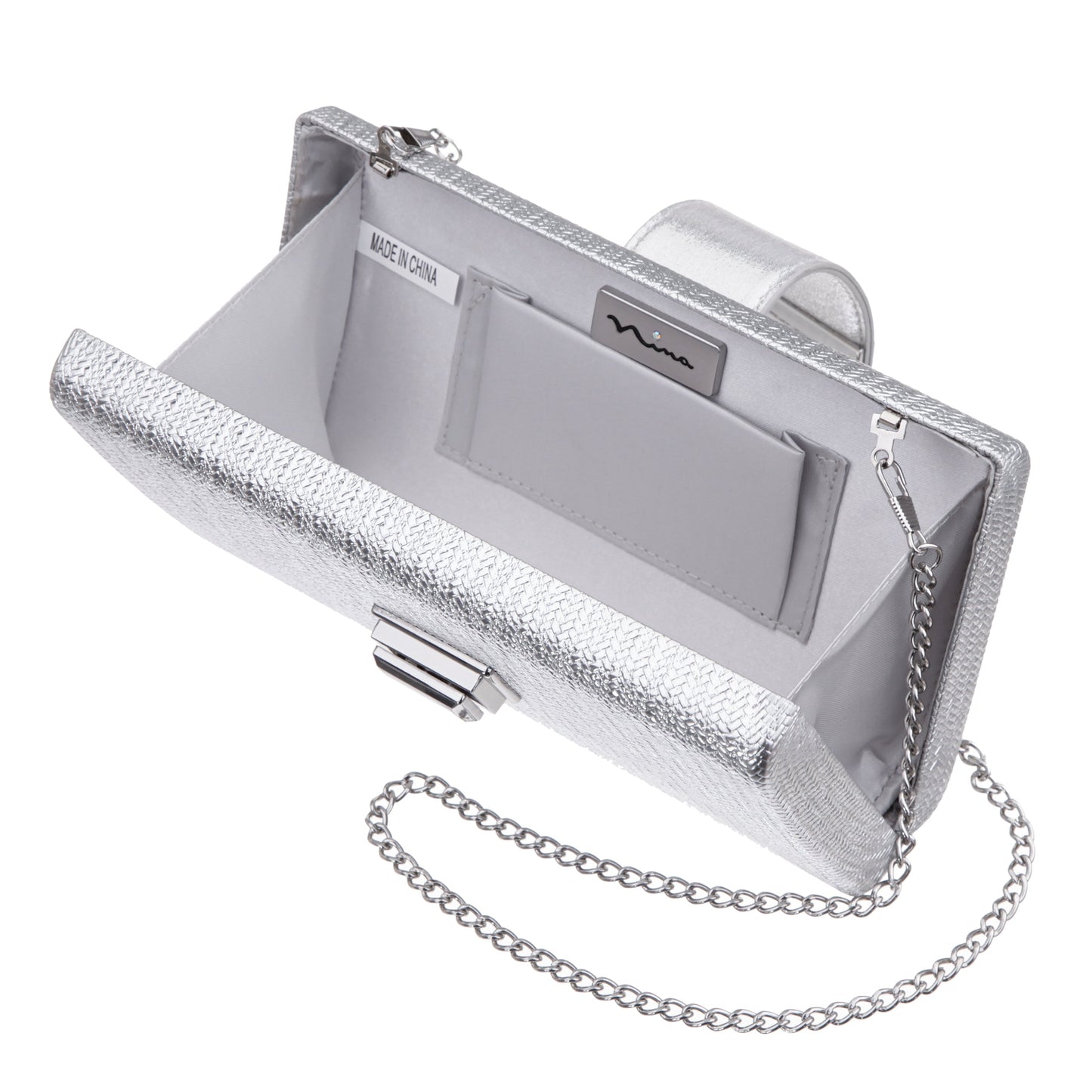Presly Antique Silver Embossed Woven PU / Reflective Suedette Minaudiere | Nina Shoes