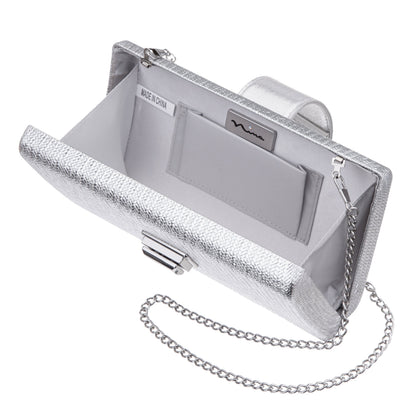 Presly Antique Silver Embossed Woven PU / Reflective Suedette Minaudiere | Nina Shoes