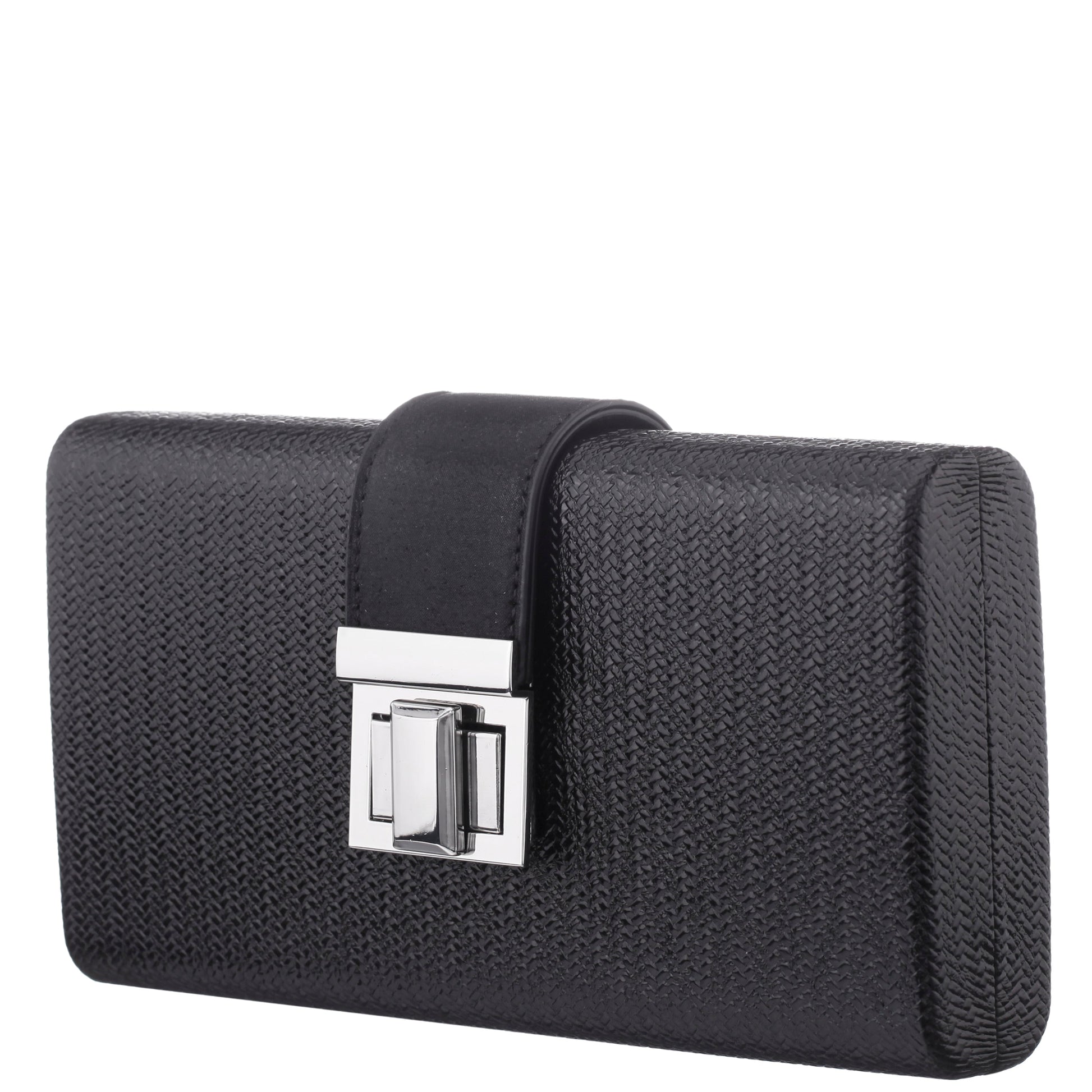 Presly Black Embossed Woven PU / Reflective Suedette Minaudiere | Nina Shoes