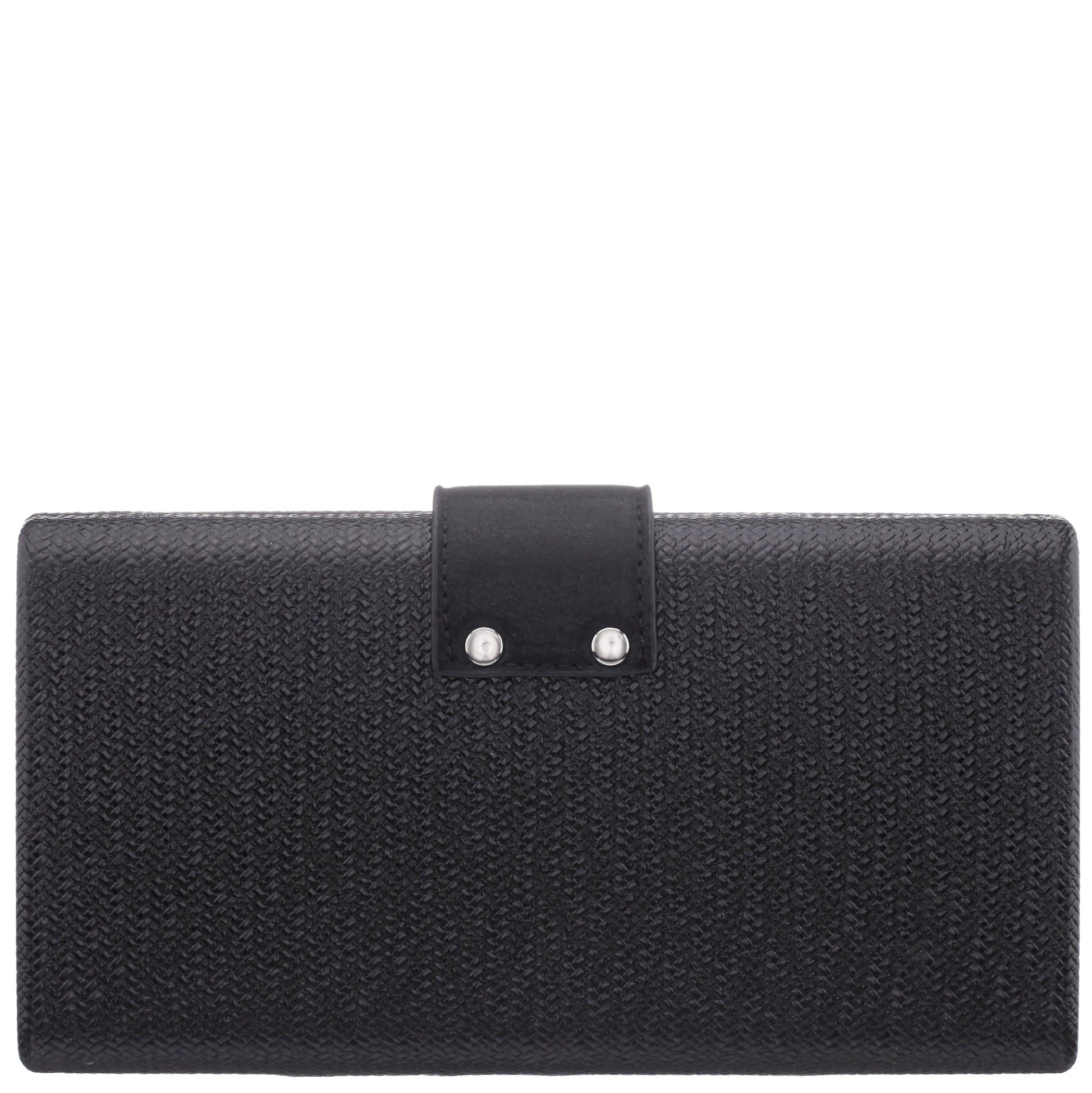 Presly Black Embossed Woven PU / Reflective Suedette Minaudiere | Nina Shoes