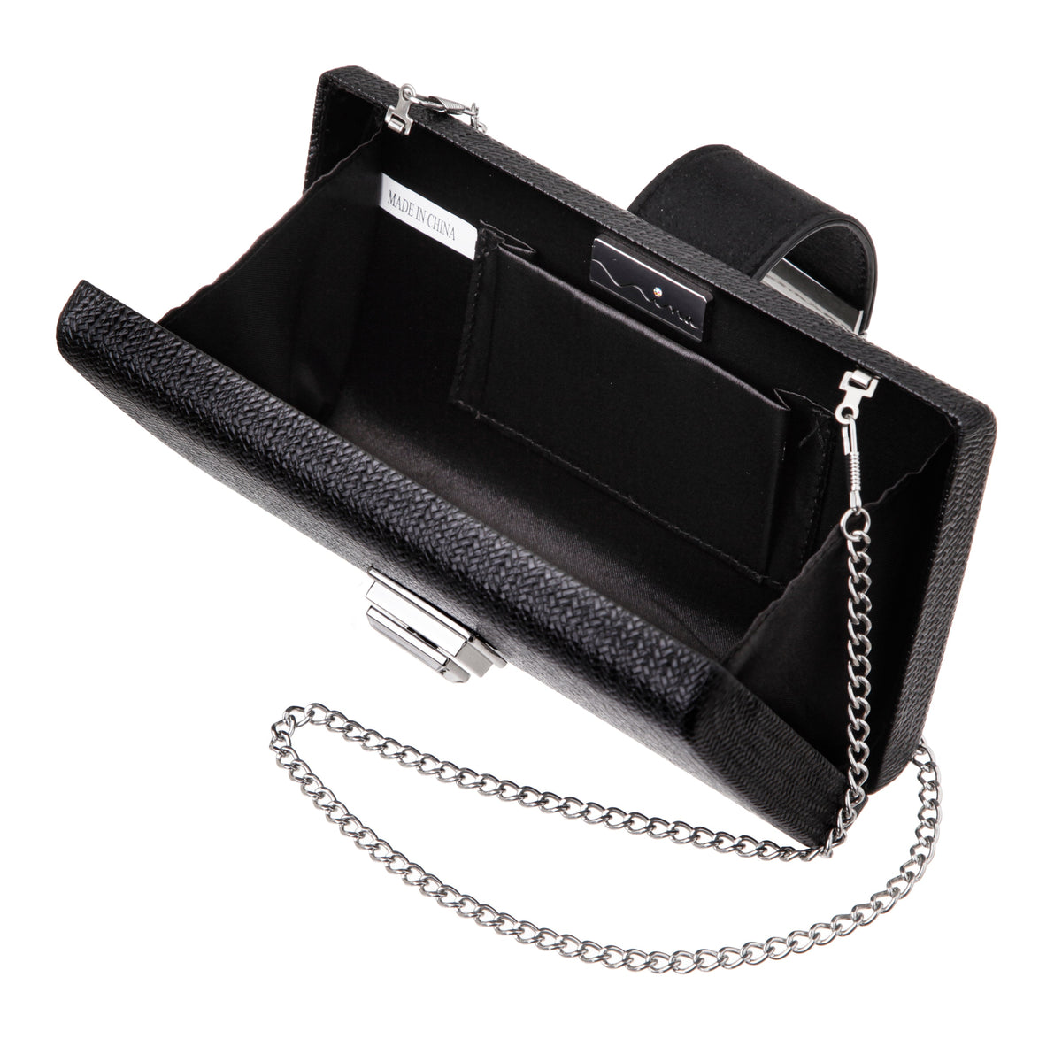 Presly Black Embossed Woven PU / Reflective Suedette Minaudiere | Nina Shoes