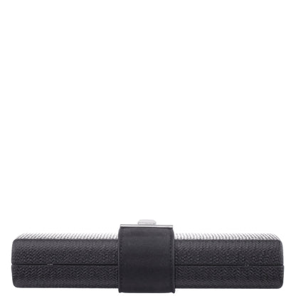 Presly Black Embossed Woven PU / Reflective Suedette Minaudiere | Nina Shoes