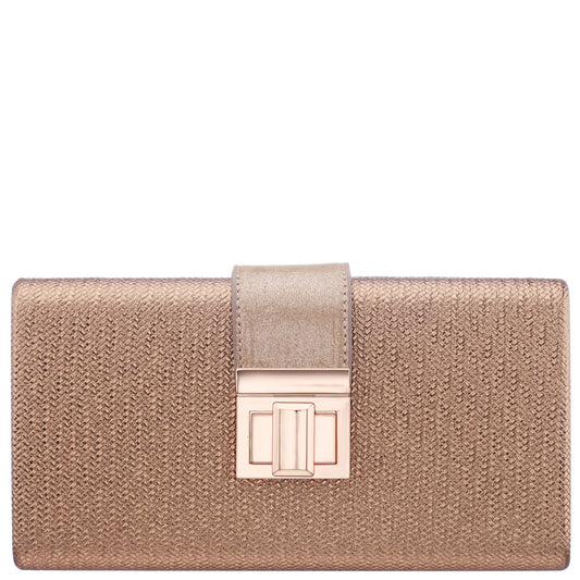 Presly Brown Embossed Woven PU / Reflective Suedette Minaudiere | Nina Shoes