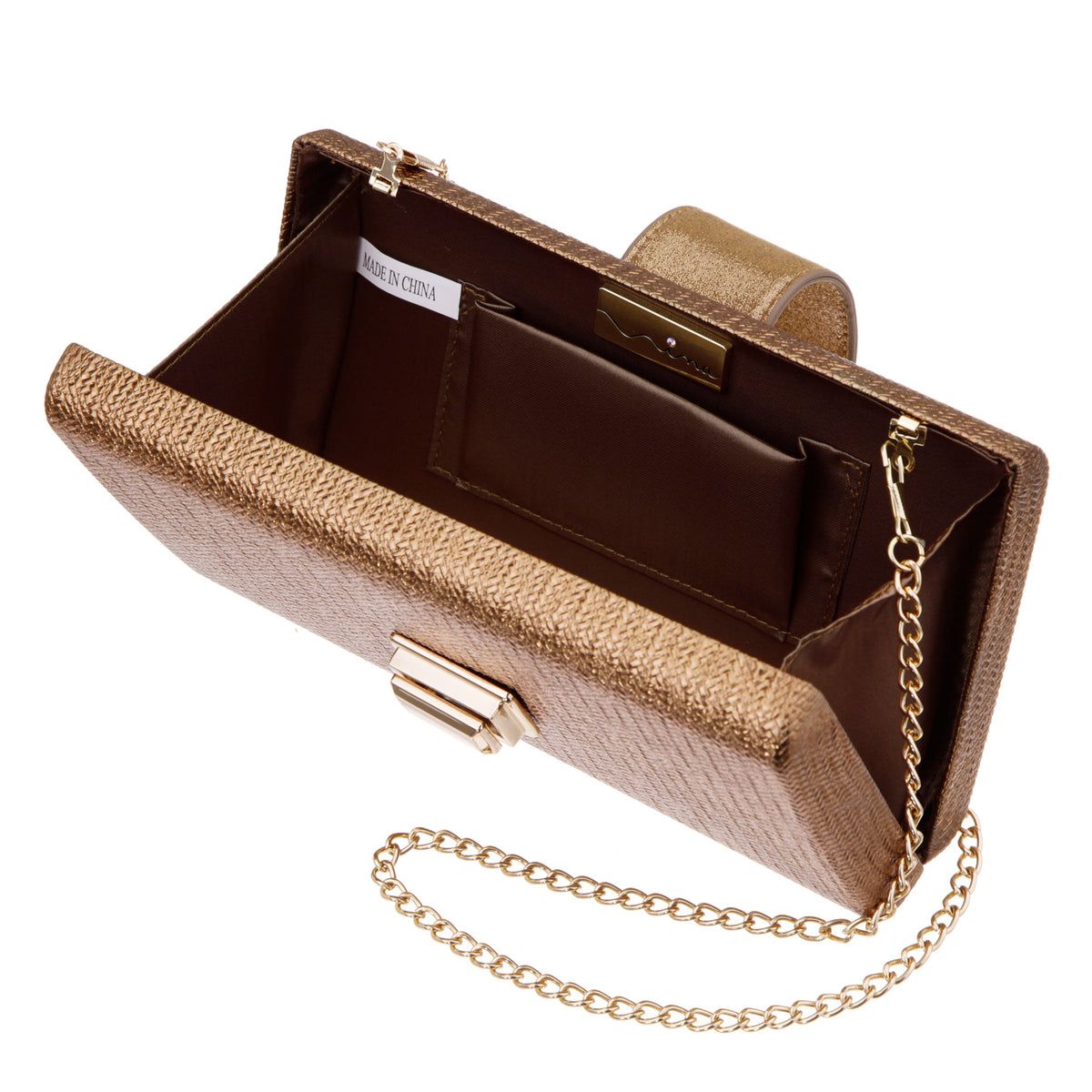 Presly Brown Embossed Woven PU / Reflective Suedette Minaudiere | Nina Shoes