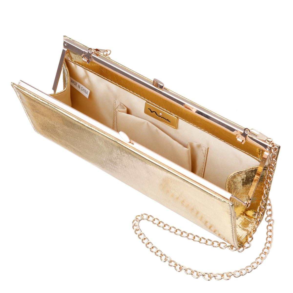 Tierney Gold Mini Geo Metallic Fabric Frame Clutch | Nina Shoes
