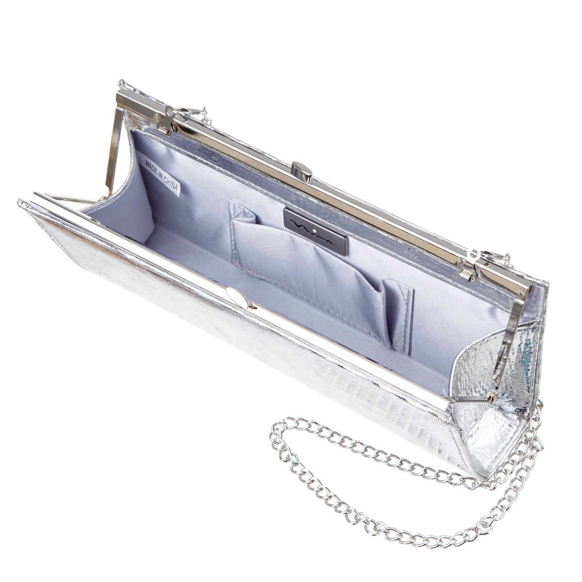 Tierney Silver Mini Geo Metallic Fabric Frame Clutch | Nina Shoes