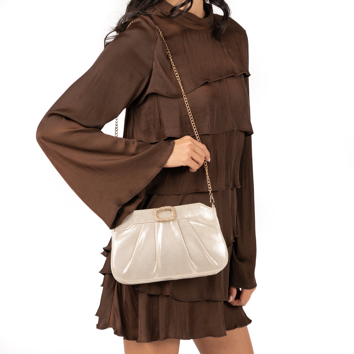 Amy Platino Reflective Suedette Clutch | Nina Shoes