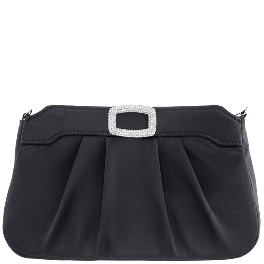 Amy Black Satin / Glass Crystal Clutch | Nina Shoes