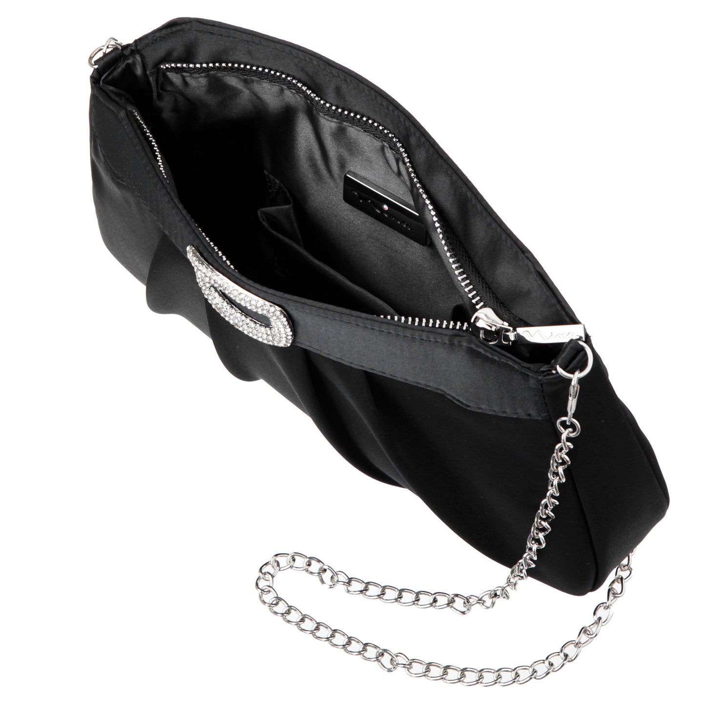 Amy Black Satin / Glass Crystal Clutch | Nina Shoes