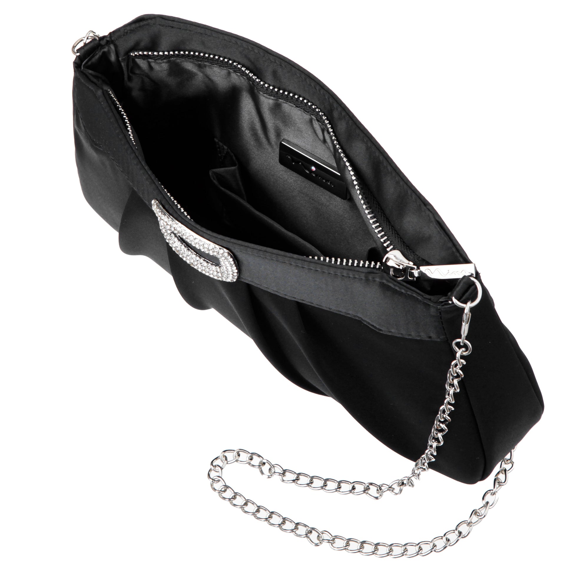 Amy Black Satin / Glass Crystal Clutch | Nina Shoes
