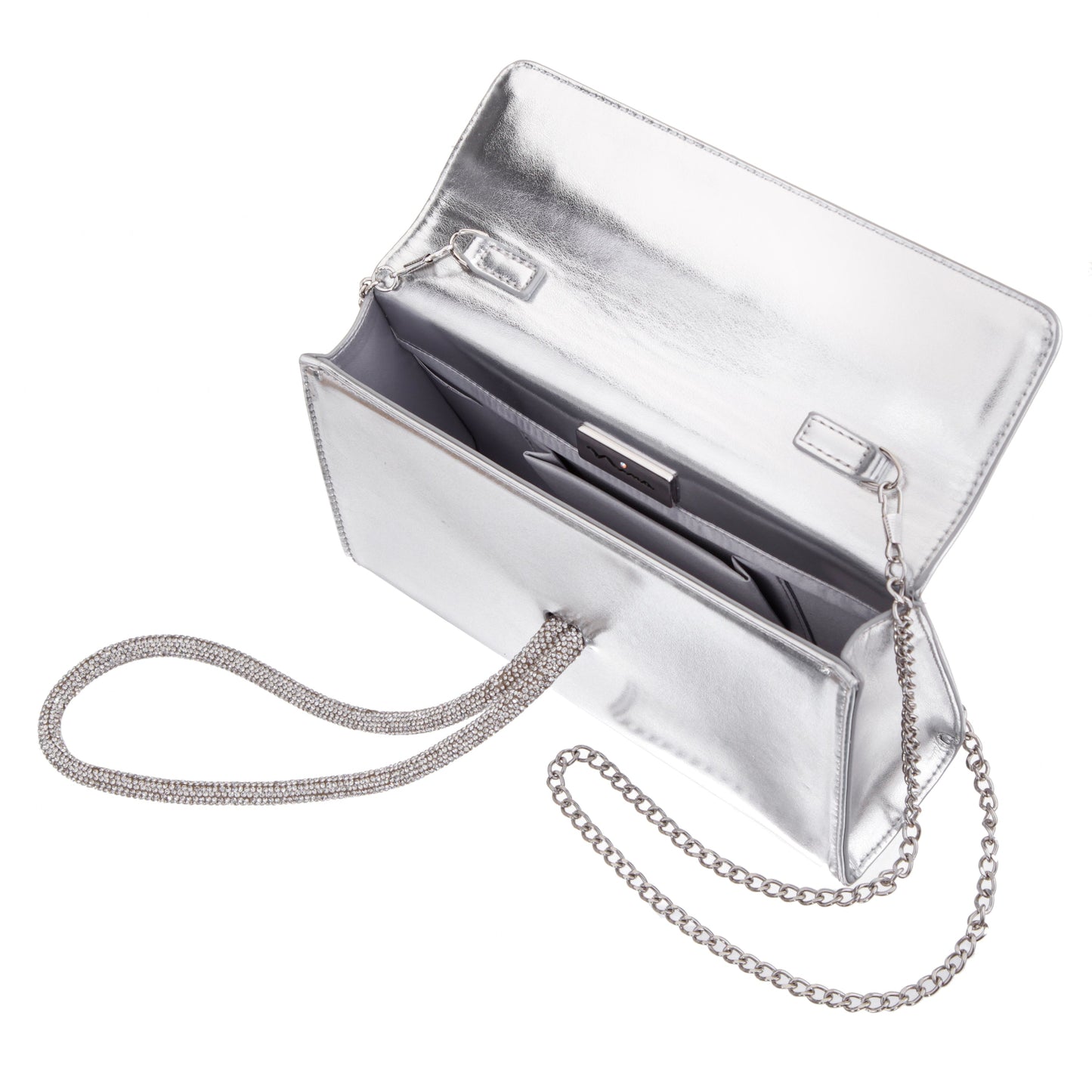 Kaylee Silver Luna Foil PU / Glass Crystal Handle Bag | Nina Shoes