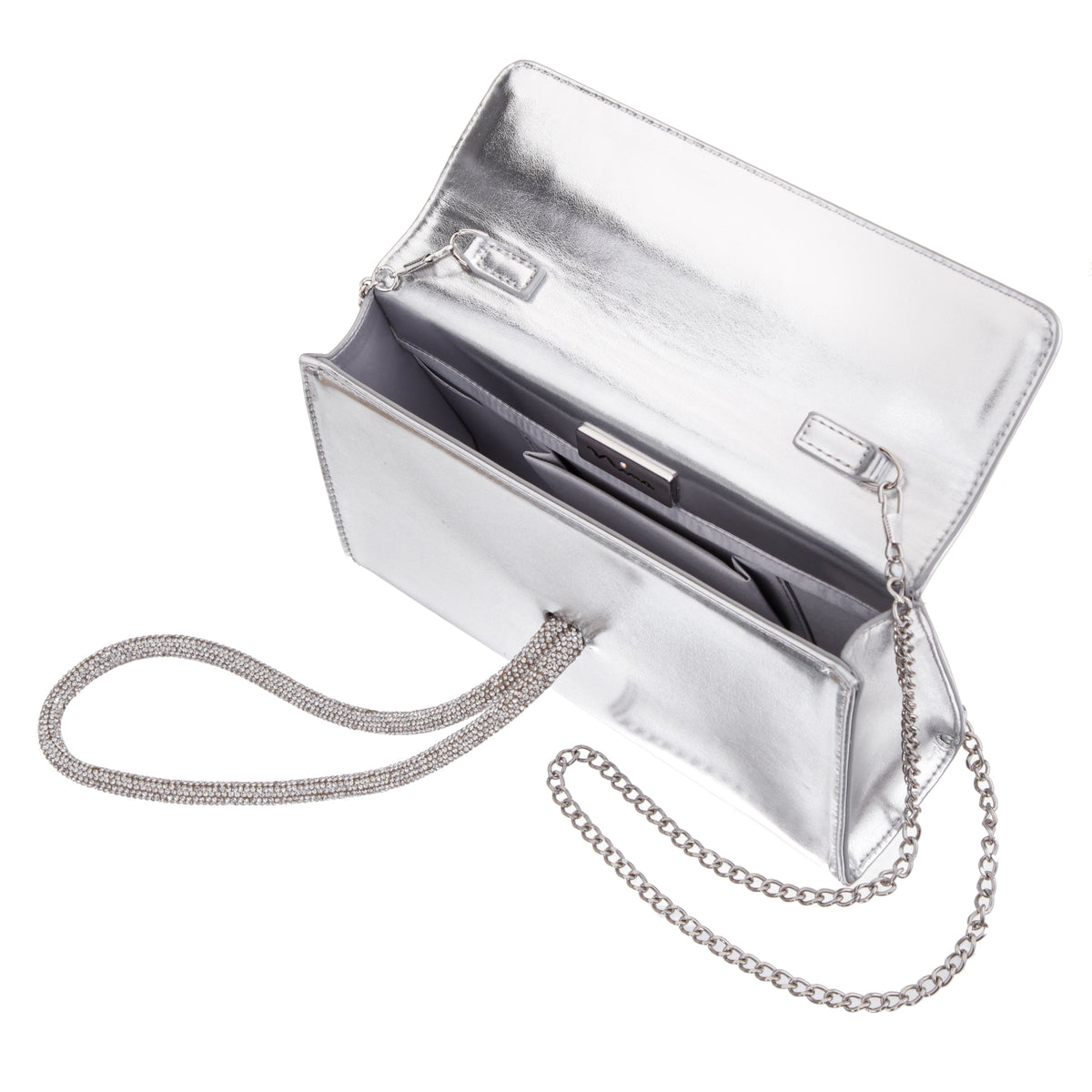 Kaylee Silver Luna Foil PU / Glass Crystal Handle Bag | Nina Shoes