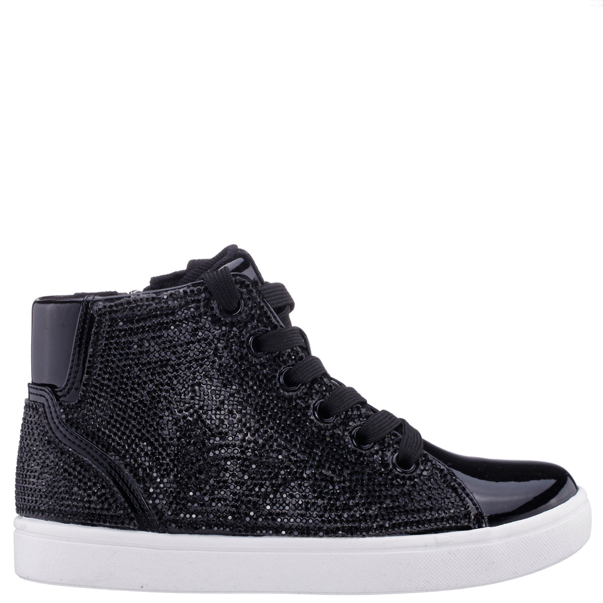 Girls Kula Black Crystal Side Zip High Top Sneaker | Nina Shoes