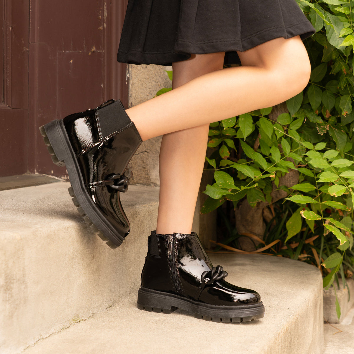 Girls Ocean Black Crinkle Patent Side Zip boot | Nina Shoes