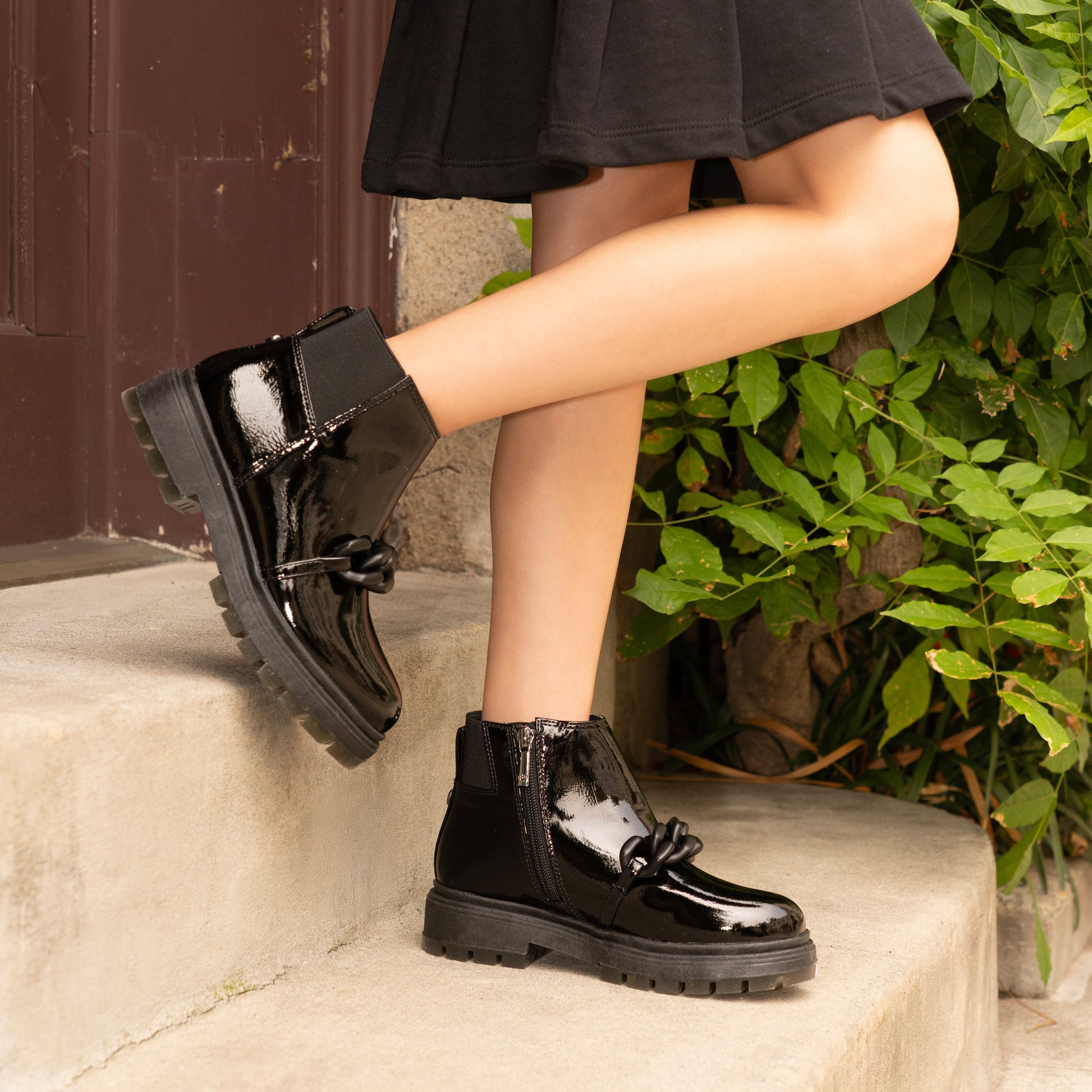 Girls Ocean Black Crinkle Patent Side Zip boot | Nina Shoes