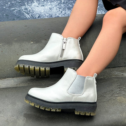 Girls Prisila Silver Metallic Inside Zip Ankle Boots | Nina Shoes