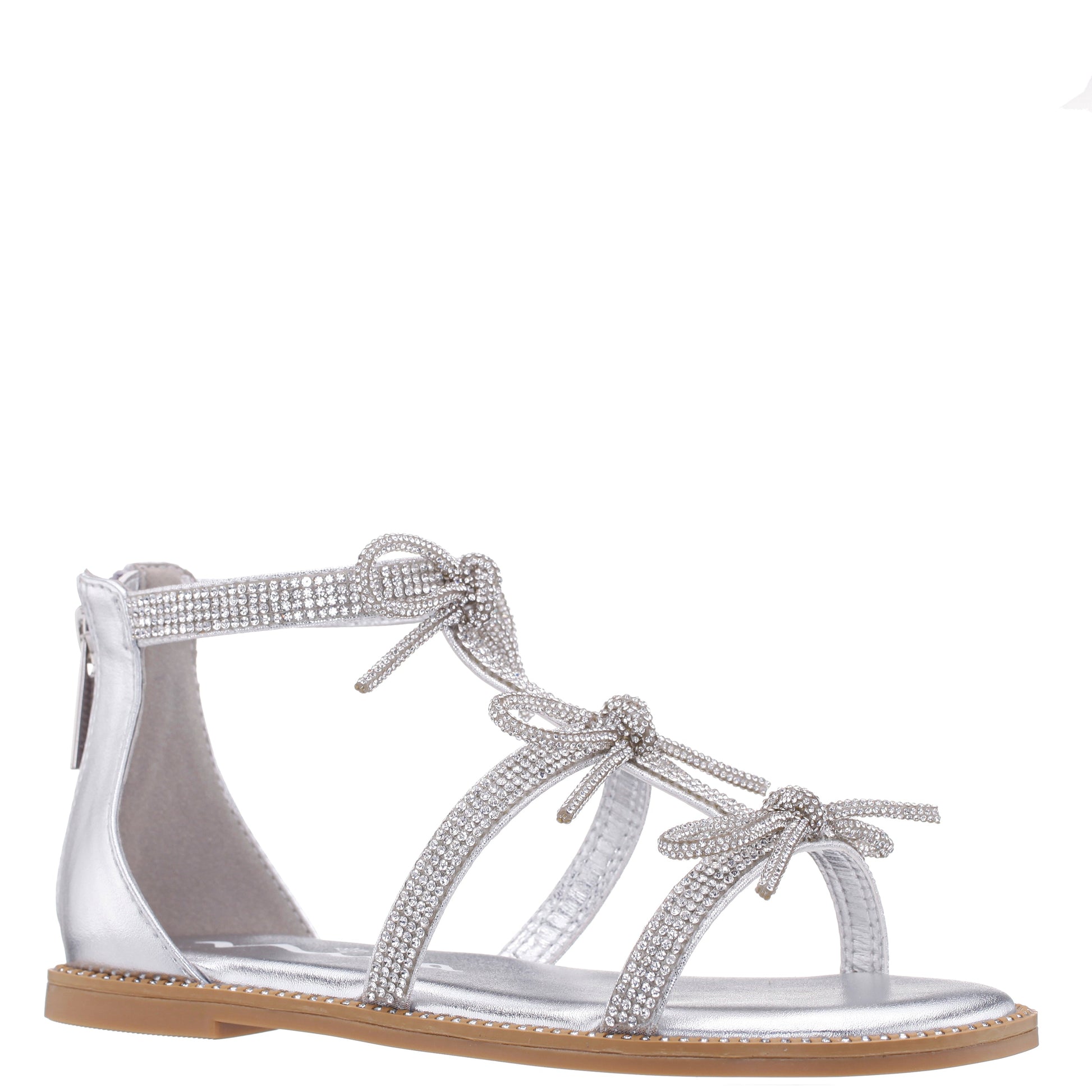 Girls Solace Silver rhinestone sandal with bows | Nina Shoes