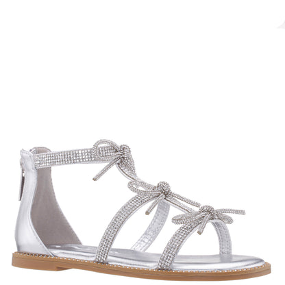 Girls Solace Silver rhinestone sandal with bows | Nina Shoes