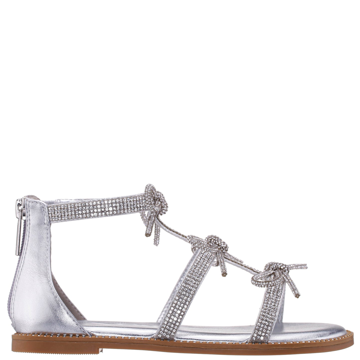 Girls Solace Silver rhinestone sandal with bows | Nina Shoes
