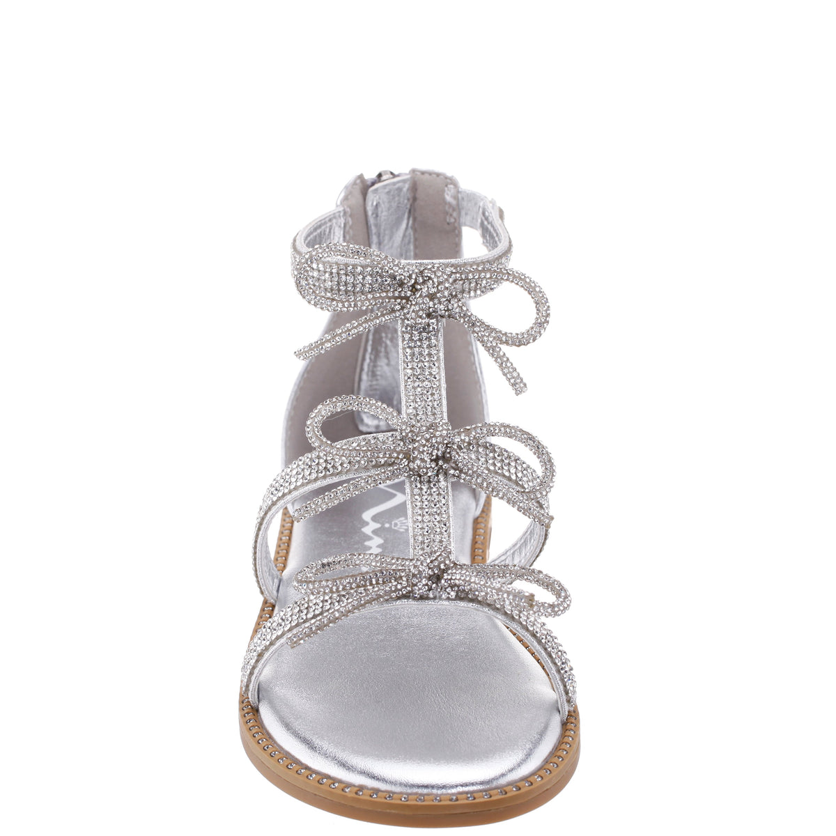Girls Solace Silver rhinestone sandal with bows | Nina Shoes