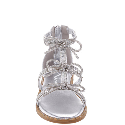 Girls Solace Silver rhinestone sandal with bows | Nina Shoes