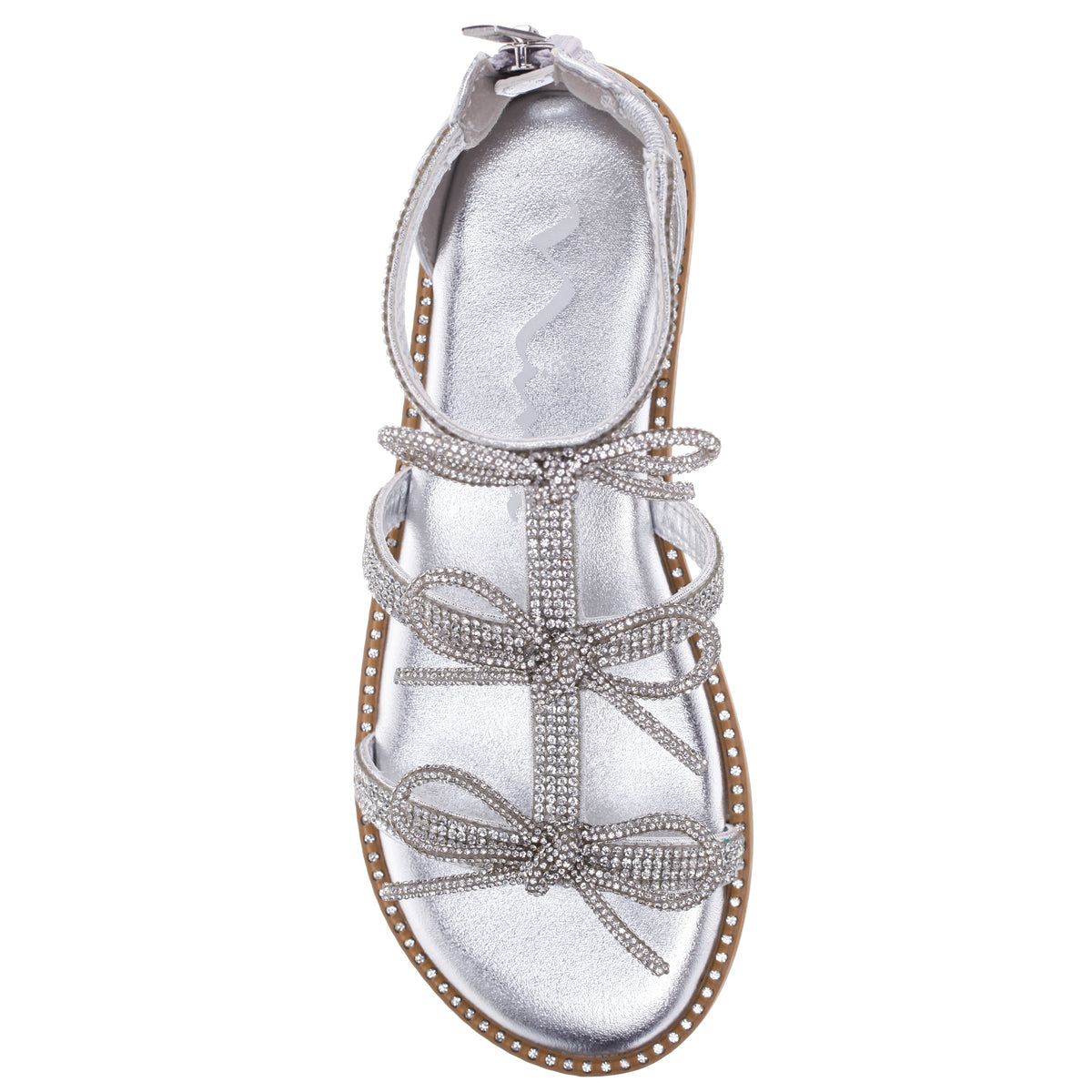 Girls Solace Silver rhinestone sandal with bows | Nina Shoes