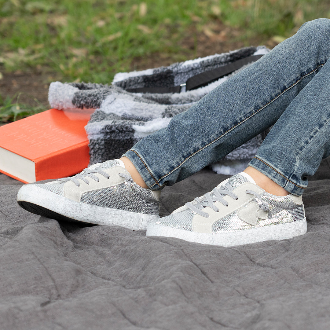 Girls Madelina Silver Sequin Lace Up Sneakers | Nina Shoes