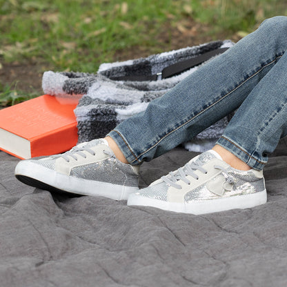 Girls Madelina Silver Sequin Lace Up Sneakers | Nina Shoes