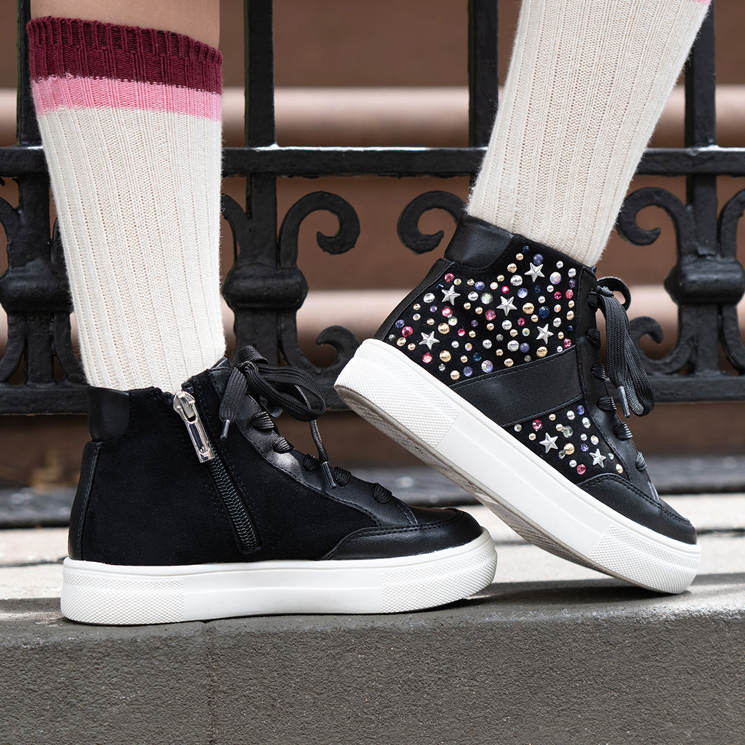 Girls Kala Black Studded High Top Side Zip Sneakers | Nina Shoes
