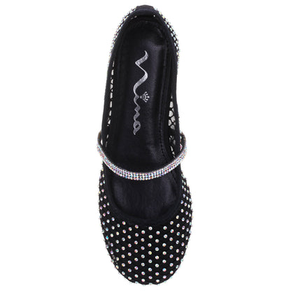 Girls Jessa Black Rhinestone Mesh Ballet Flats | Nina Shoes