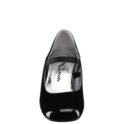 Girls Tevi Black Patent Elastic Strap Dress Shoes | Nina Shoes