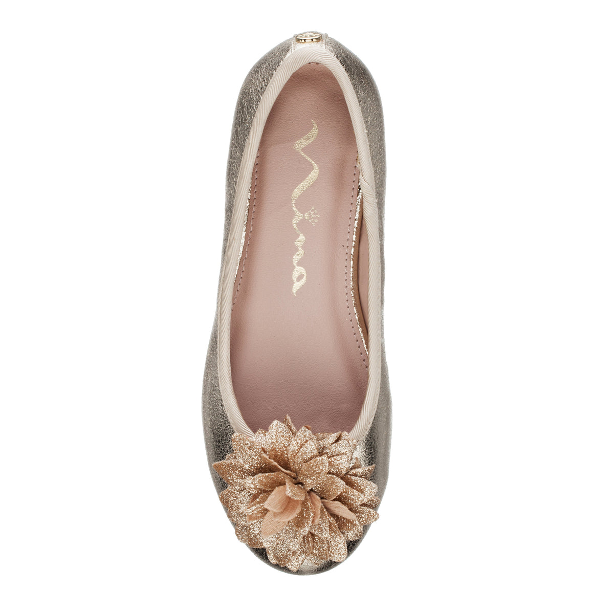 Girls Jeanesse platino metallic flower ballet flats | Nina Shoes