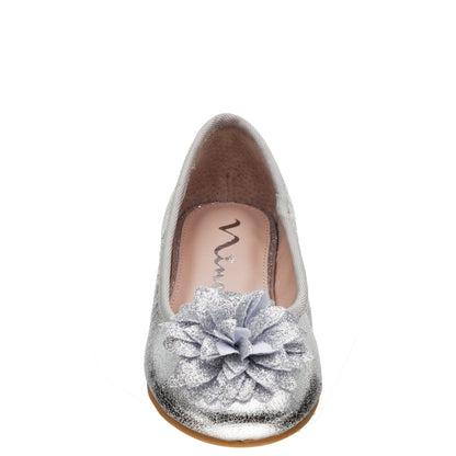 Girls Jeanesse silver metallic flower ballet flats | Nina Shoes