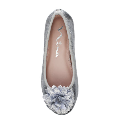 Girls Jeanesse silver metallic flower ballet flats | Nina Shoes