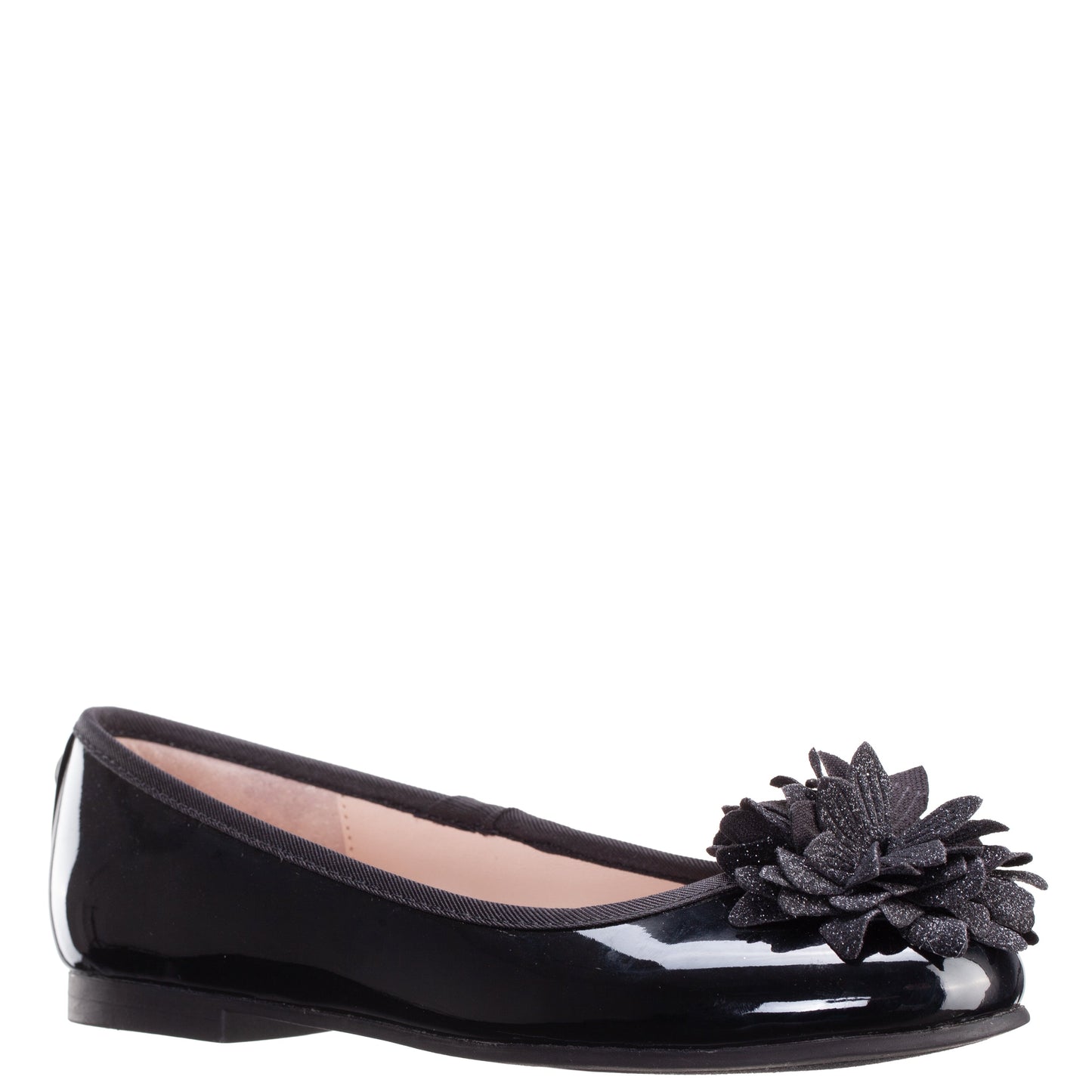 Girls Jeanesse Black patent flower ballet flats | Nina Shoes