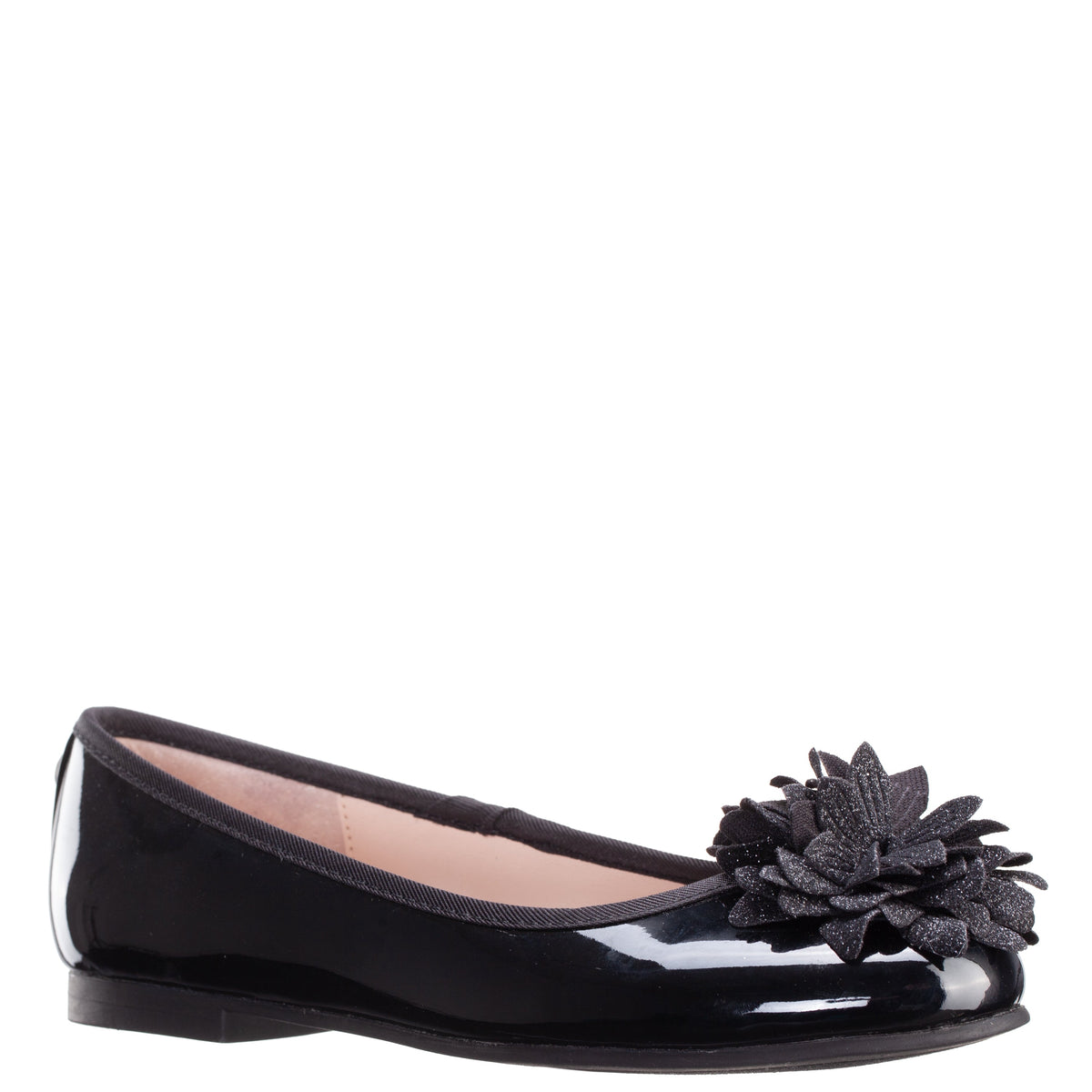 Girls Jeanesse Black patent flower ballet flats | Nina Shoes